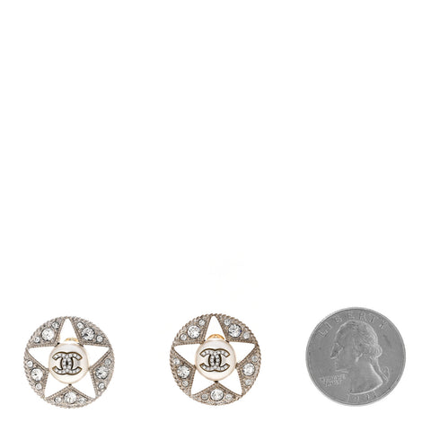 Pearl Crystal Star CC Round Earrings Silver Pearly White