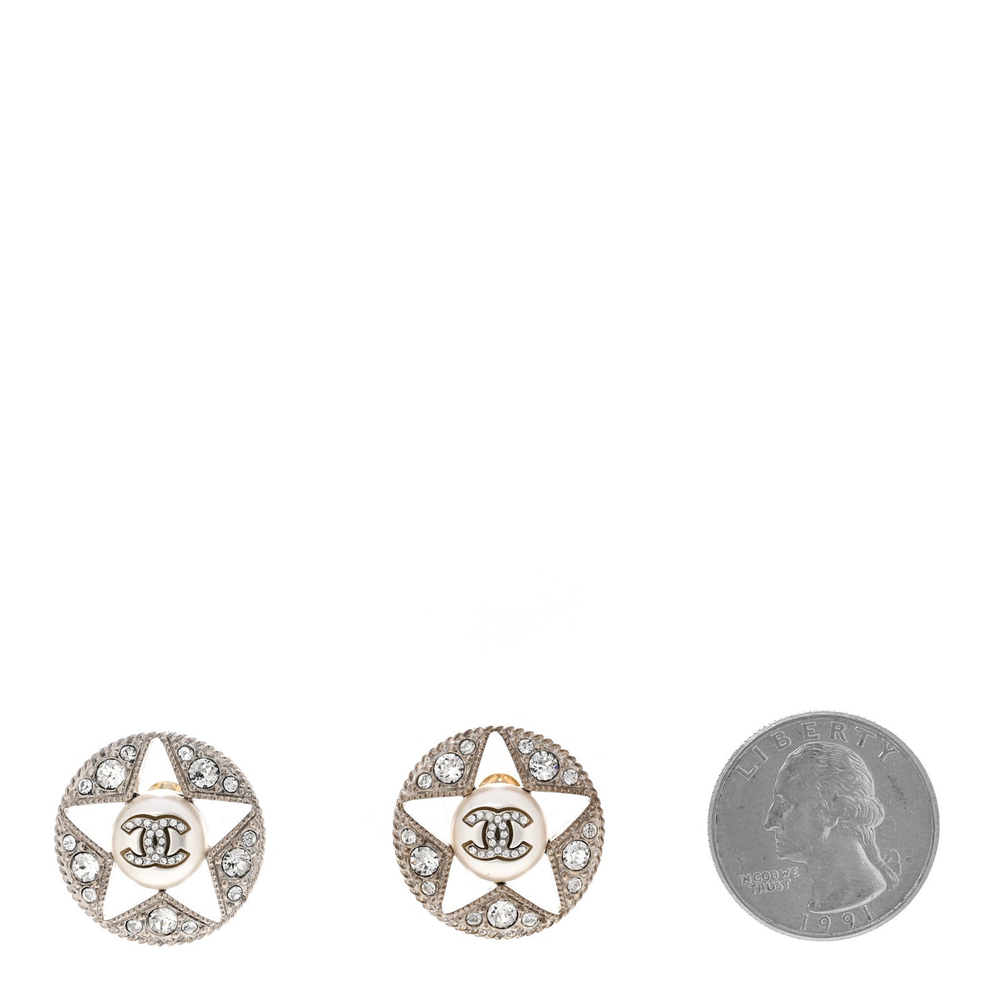 Pearl Crystal Star CC Round Earrings Silver Pearly White