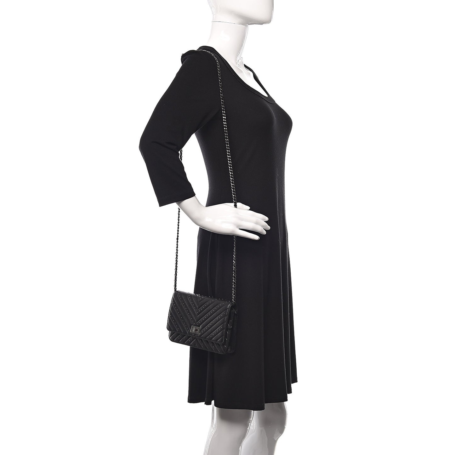 Sheepskin Chevron Quilted Studded Reissue Wallet On Chain WOC Black