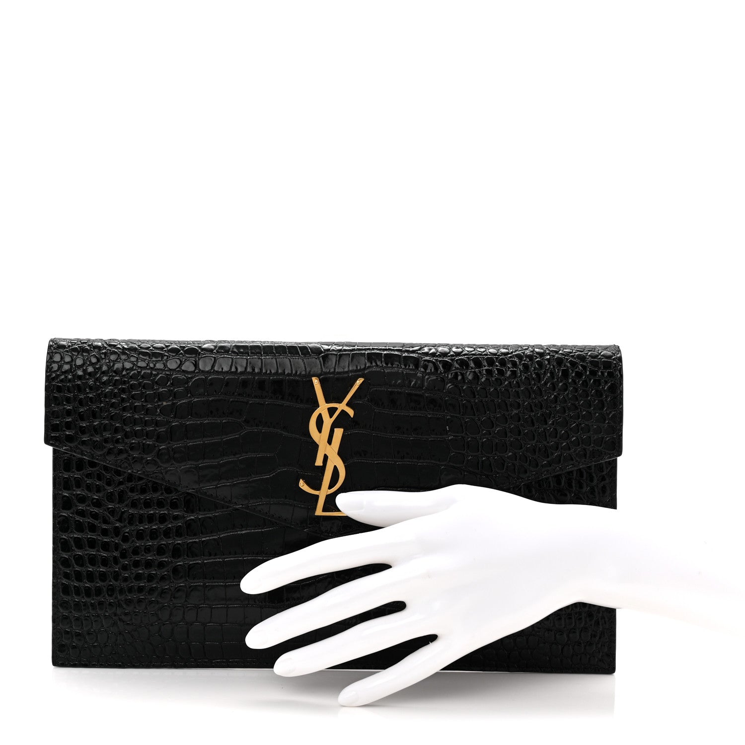Saint Laurent Calfskin Crocodile Embossed Uptown Monogram Pouch Black 2 of 8