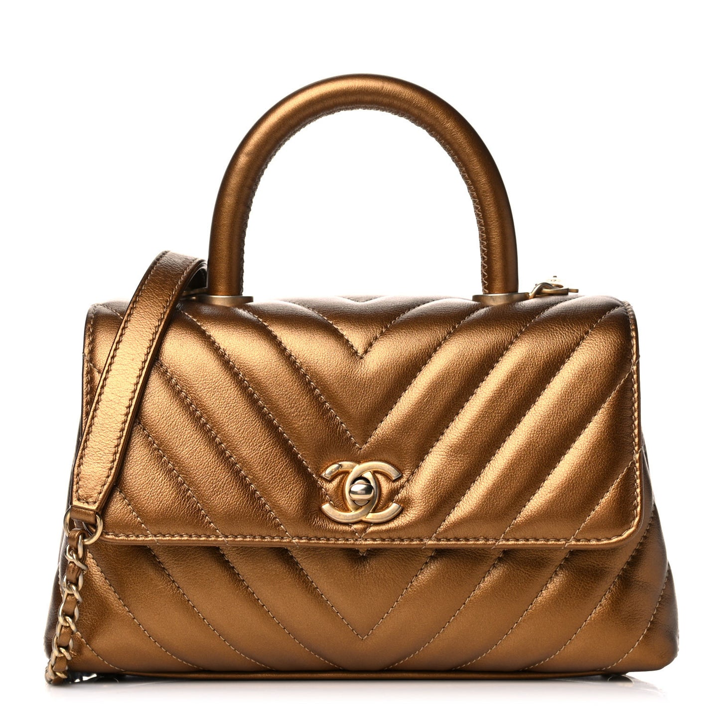 Metallic Calfskin Chevron Quilted Mini Coco Handle Flap Gold