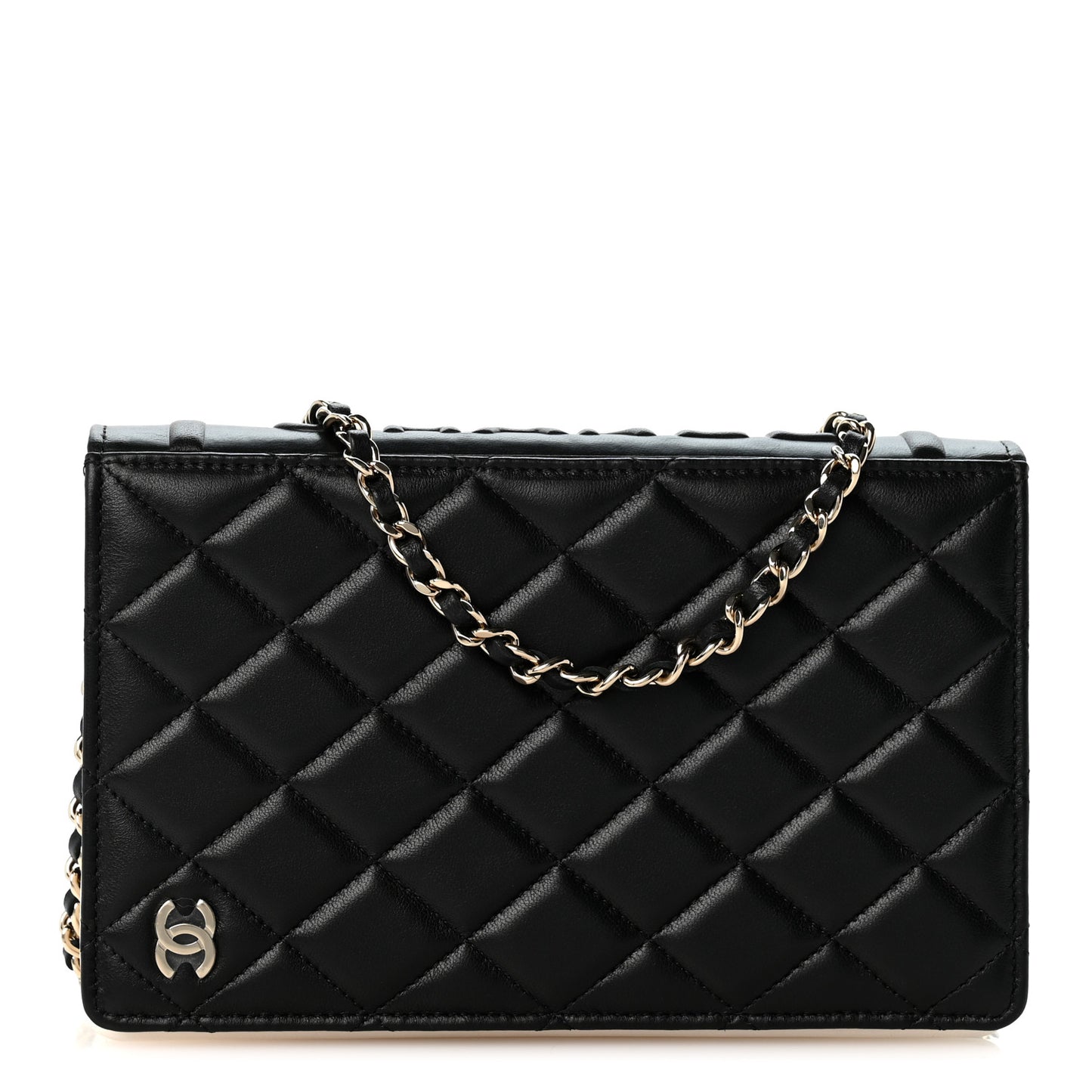 Lambskin Quilted Book Wallet On Chain WOC Black