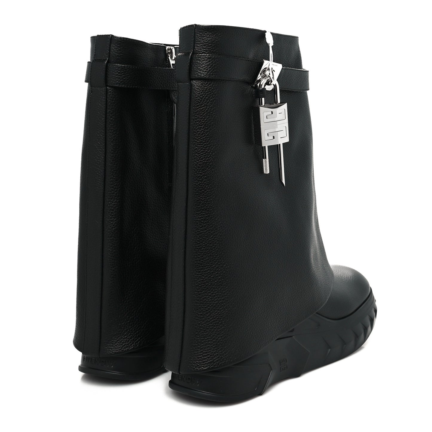 Grained Calfskin Shark Lock Biker Ankle Boots 39 Black
