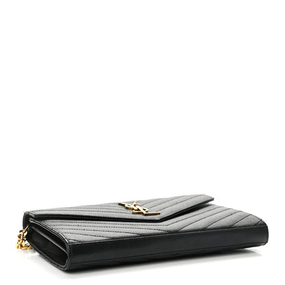 Saint Laurent Grain De Poudre Matelasse Chevron Monogram Chain Wallet Black 4 of 14