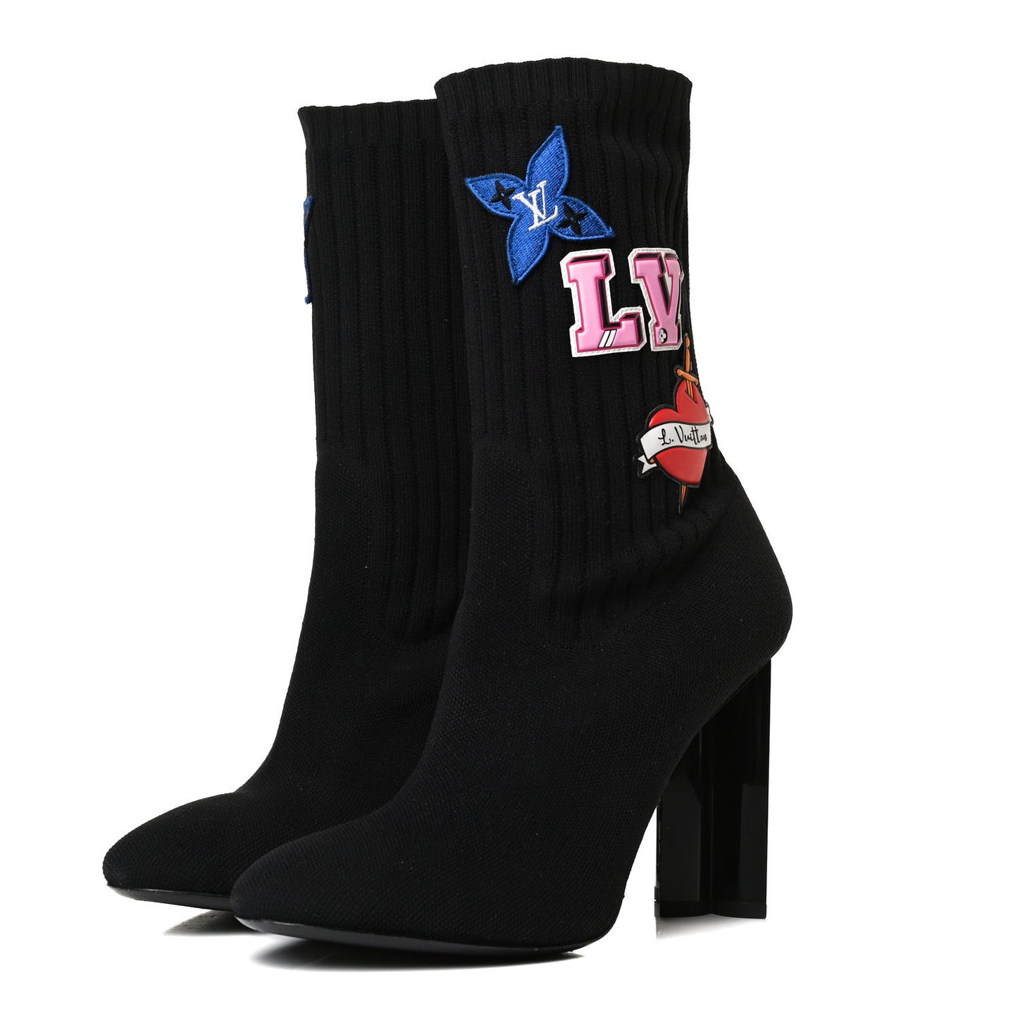 Stretch Fabric LV Black Heart Sock Ankle Boots 40 Black