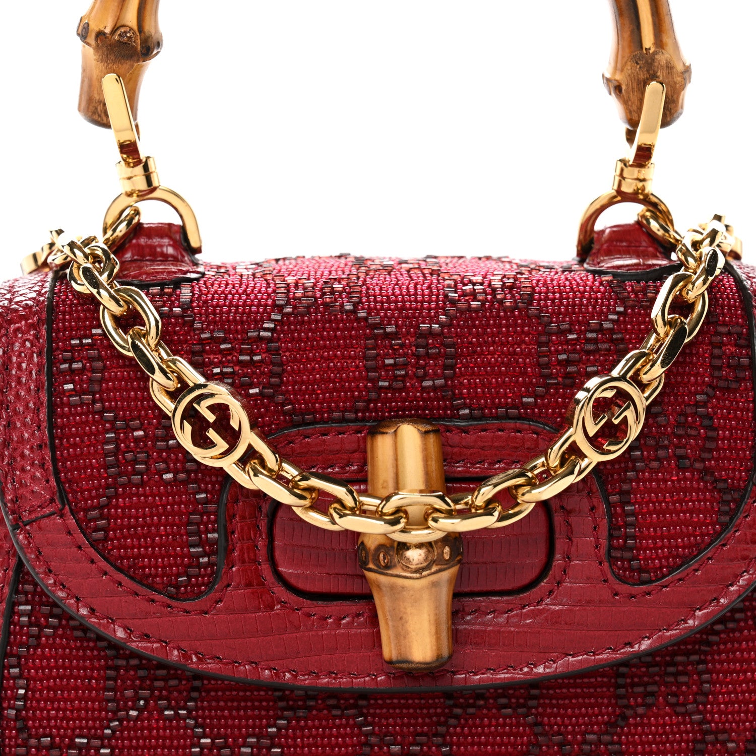 Gucci Moire Fabric Calfskin Rhinestone Monogram Monochrome Lizard Embossed Mini Bamboo 1947 Top Handle Chain Bag Red 7 of 9