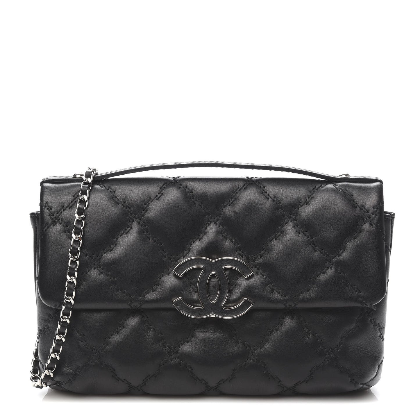 Calfskin Quilted Double Stitch Hamptons Clutch with Chain Black