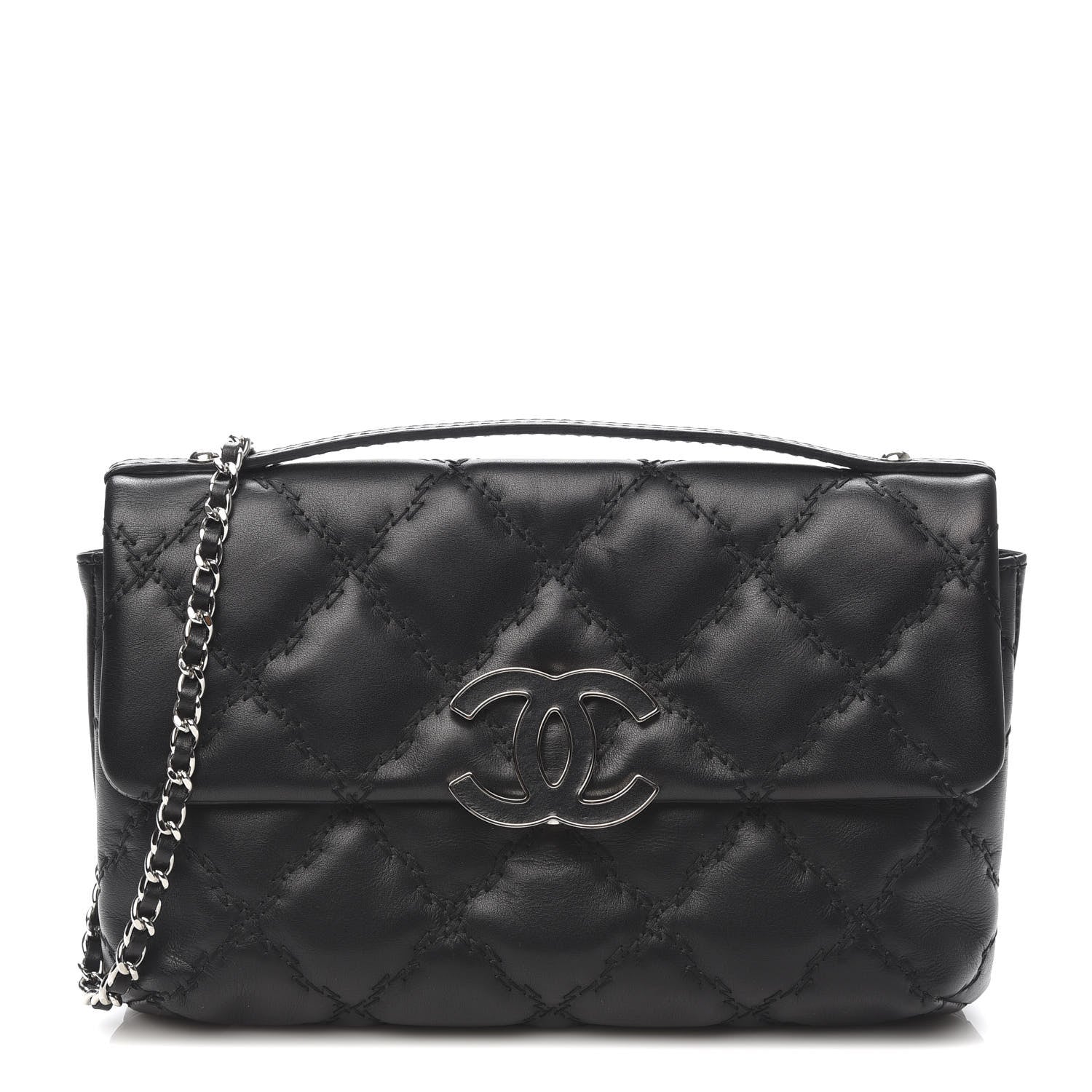 Chanel Calfskin Quilted Double Stitch Hamptons Clutch with Chain Black 1 of 10