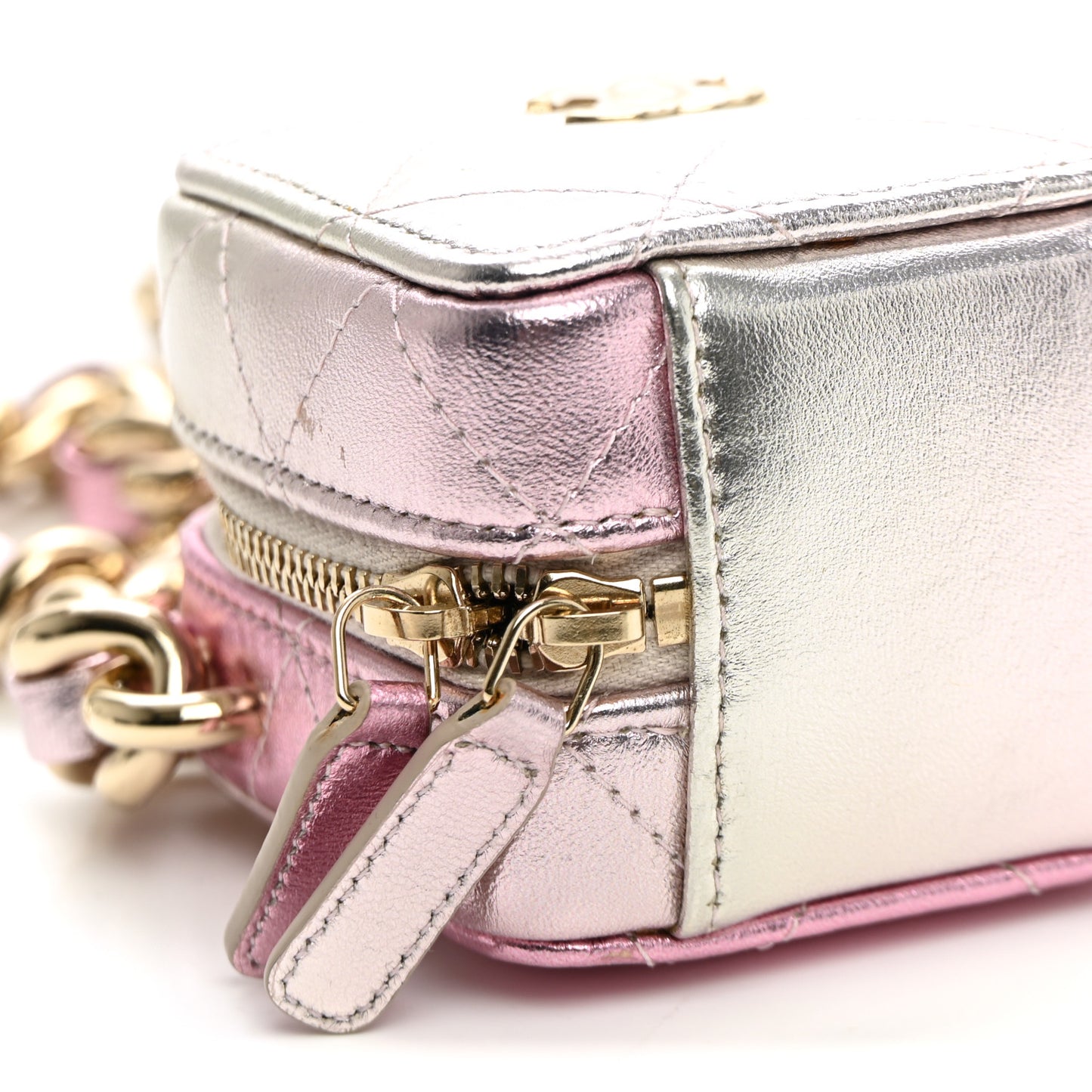 Gradient Metallic Lambskin Quilted Coco Punk Cube Clutch With Chain Silver Pink