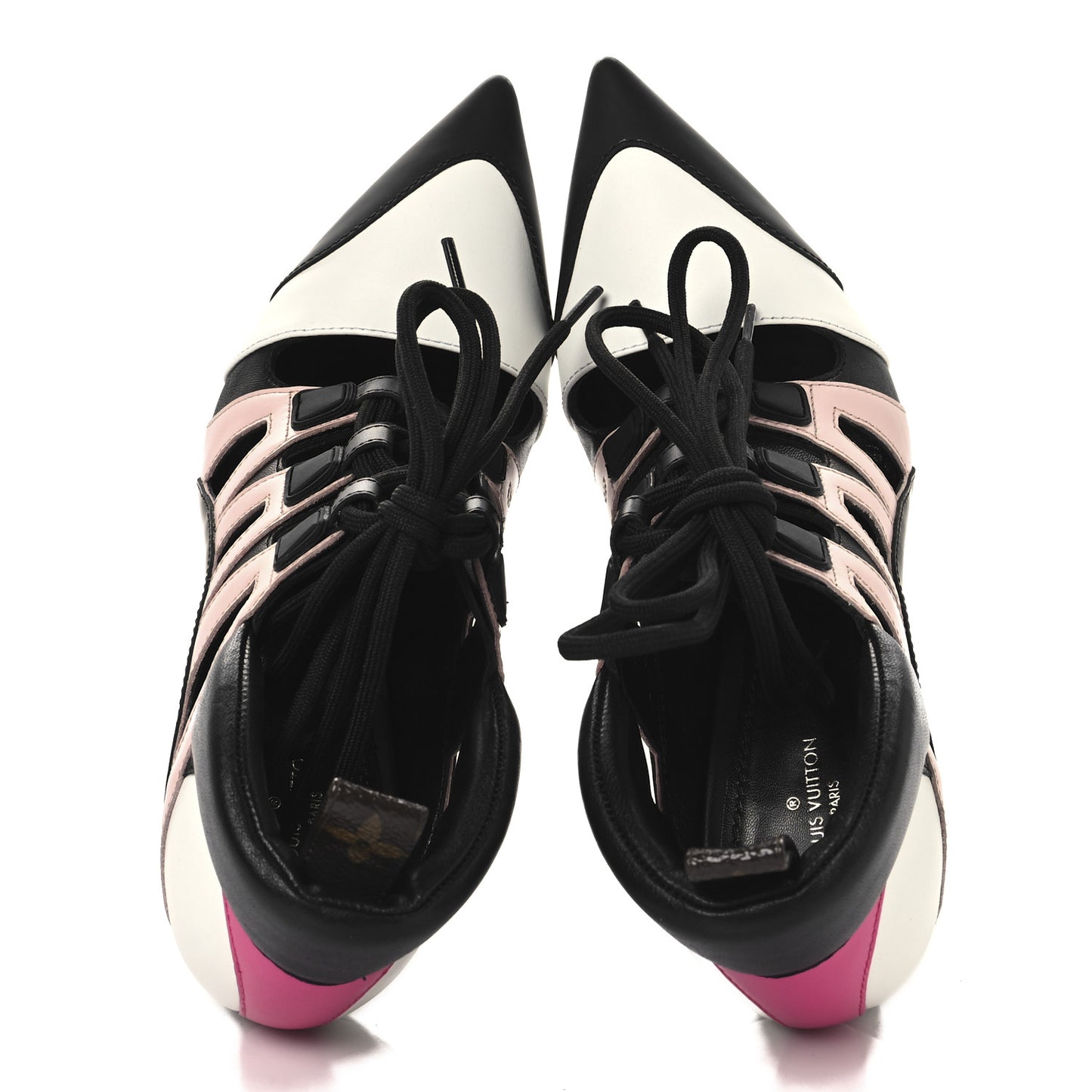 Calfskin Rubber Streamline Lace Up Pumps 40 Black White Pink