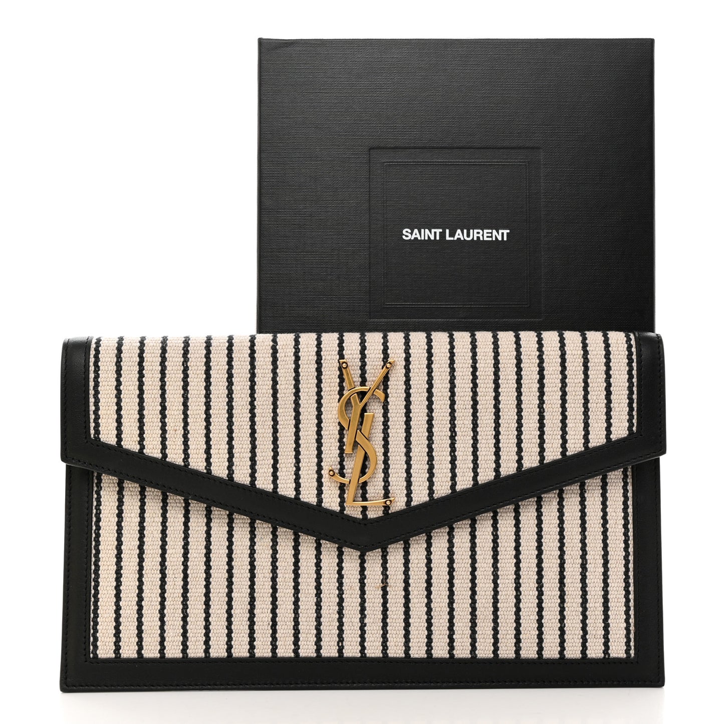 SAINT LAURENT Canvas Striped Uptown Pouch Beige Black