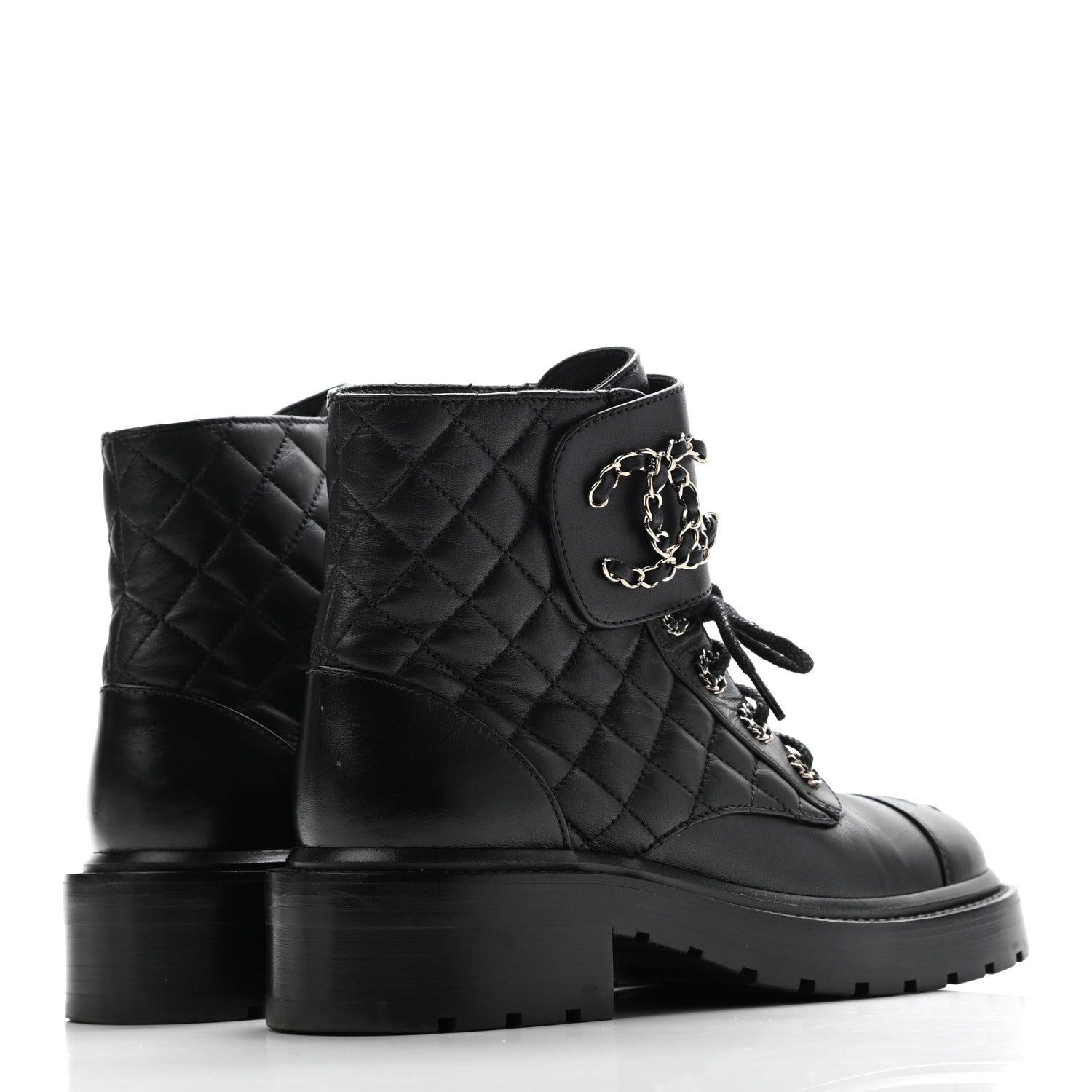 Chanel Shiny Lambskin Quilted Lace Up Combat Boots 36.5 Black 4 of 9