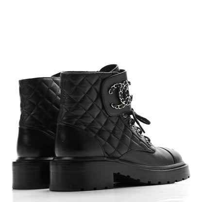 Chanel Shiny Lambskin Quilted Lace Up Combat Boots 36.5 Black 4 of 9