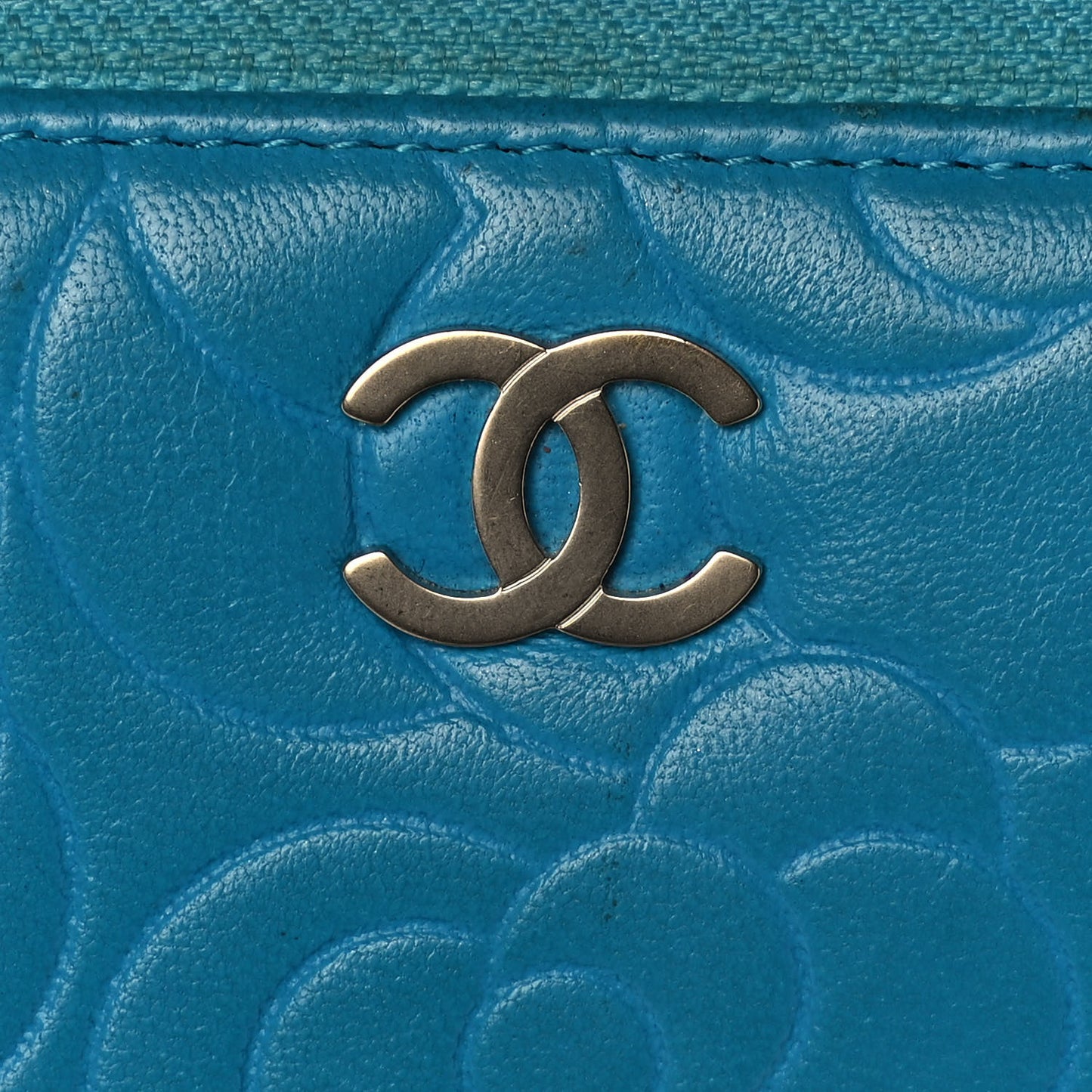 Lambskin Camellia Embossed Large Gusset Zip Around Wallet Blue