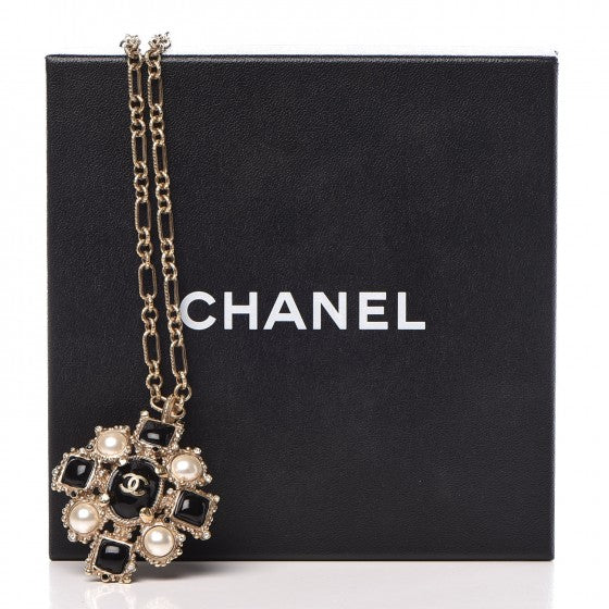 Gripoix Poured Glass Pearl CC Pendant Necklace Black Gold