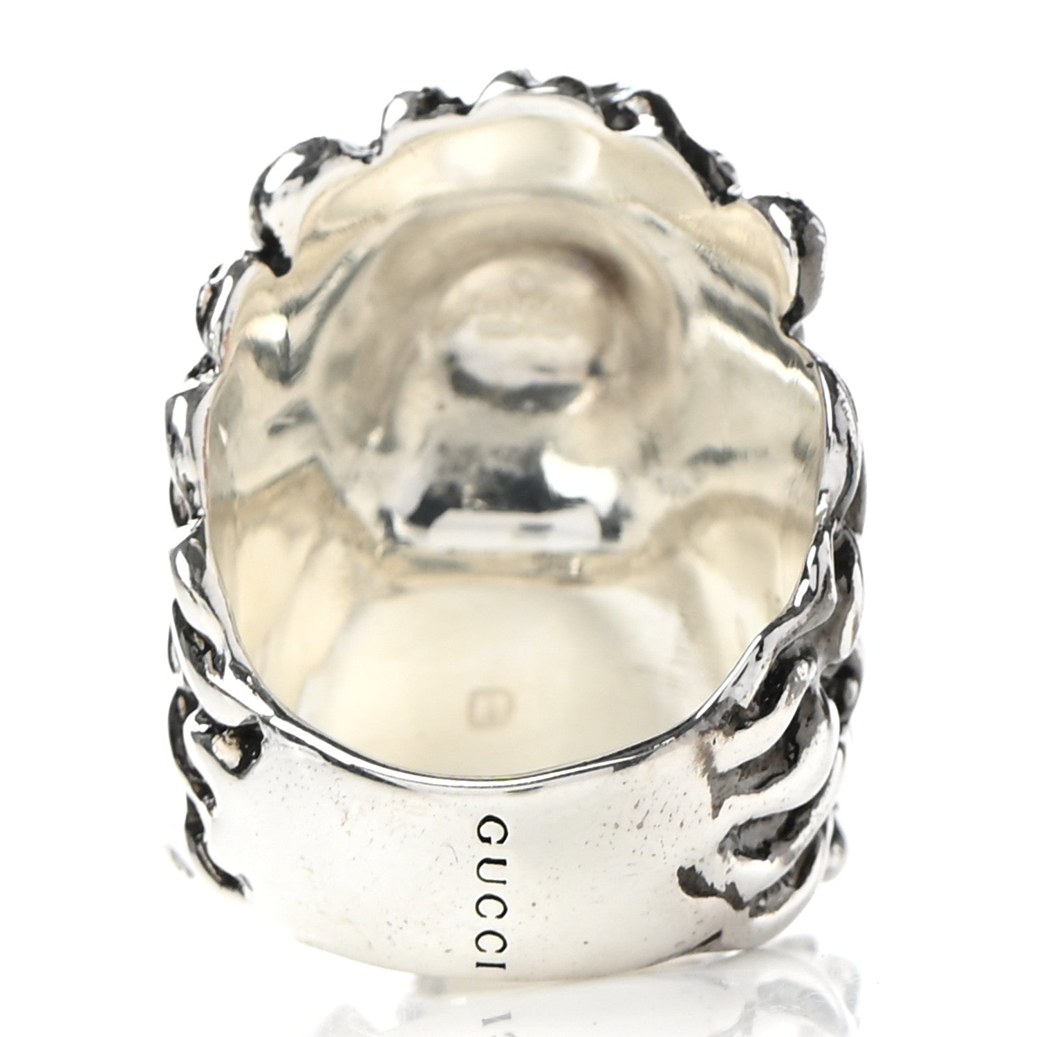 Gucci Metal Crystal Lion Head Ring 16 7.5 Black Aged Silver 3 of 7