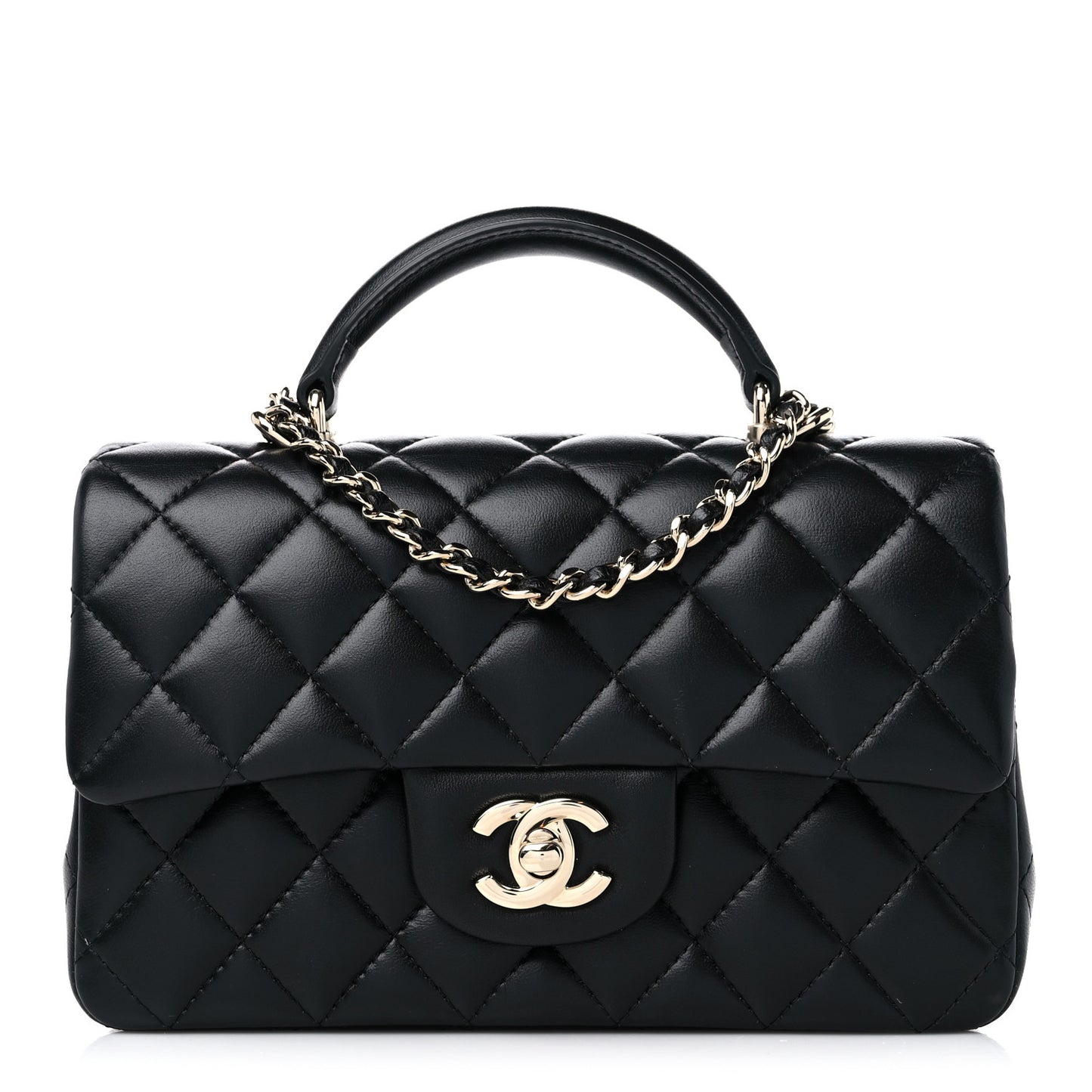 Lambskin Quilted Mini Top Handle Rectangular Flap Black