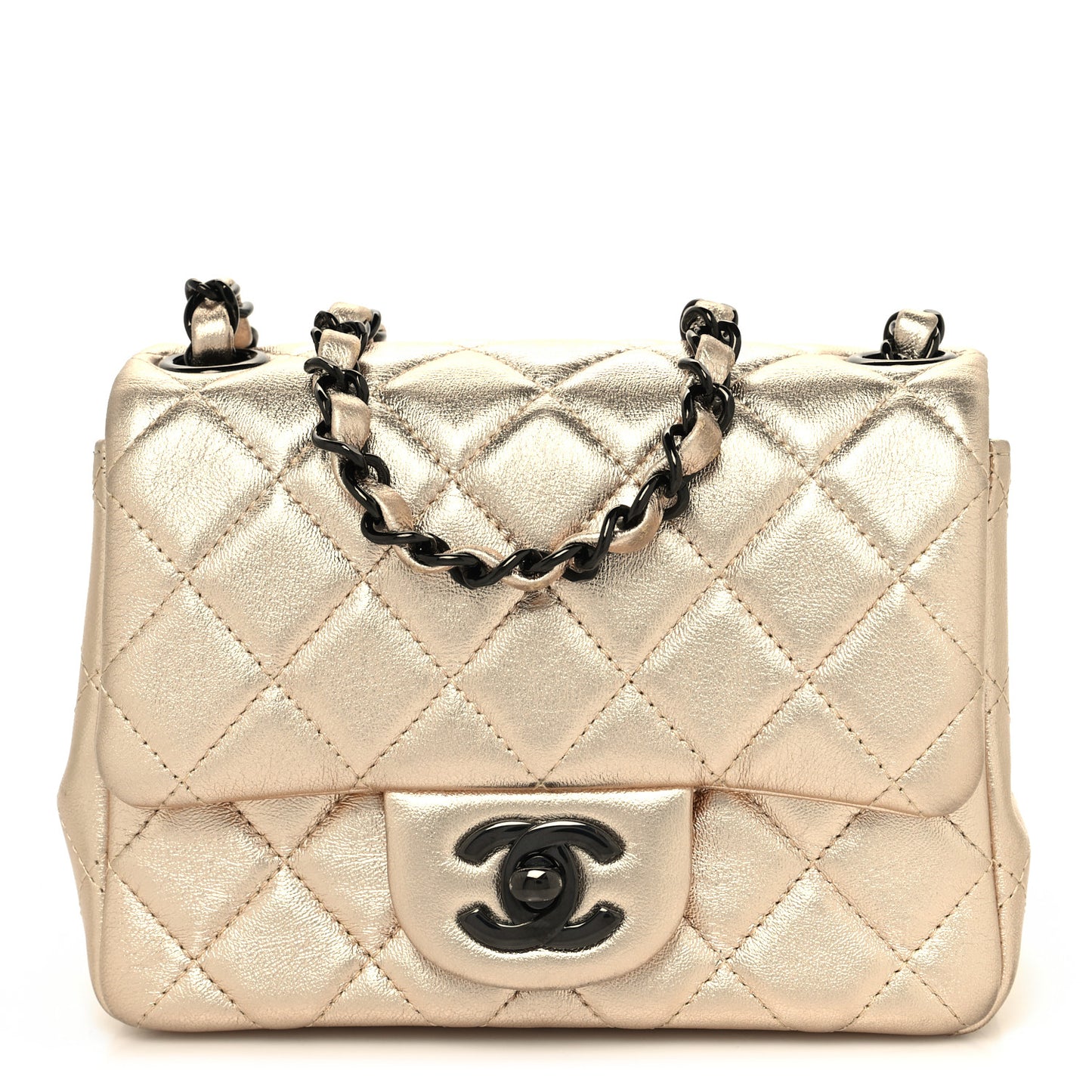 Metallic Lambskin Quilted Mini Square Flap Gold Black