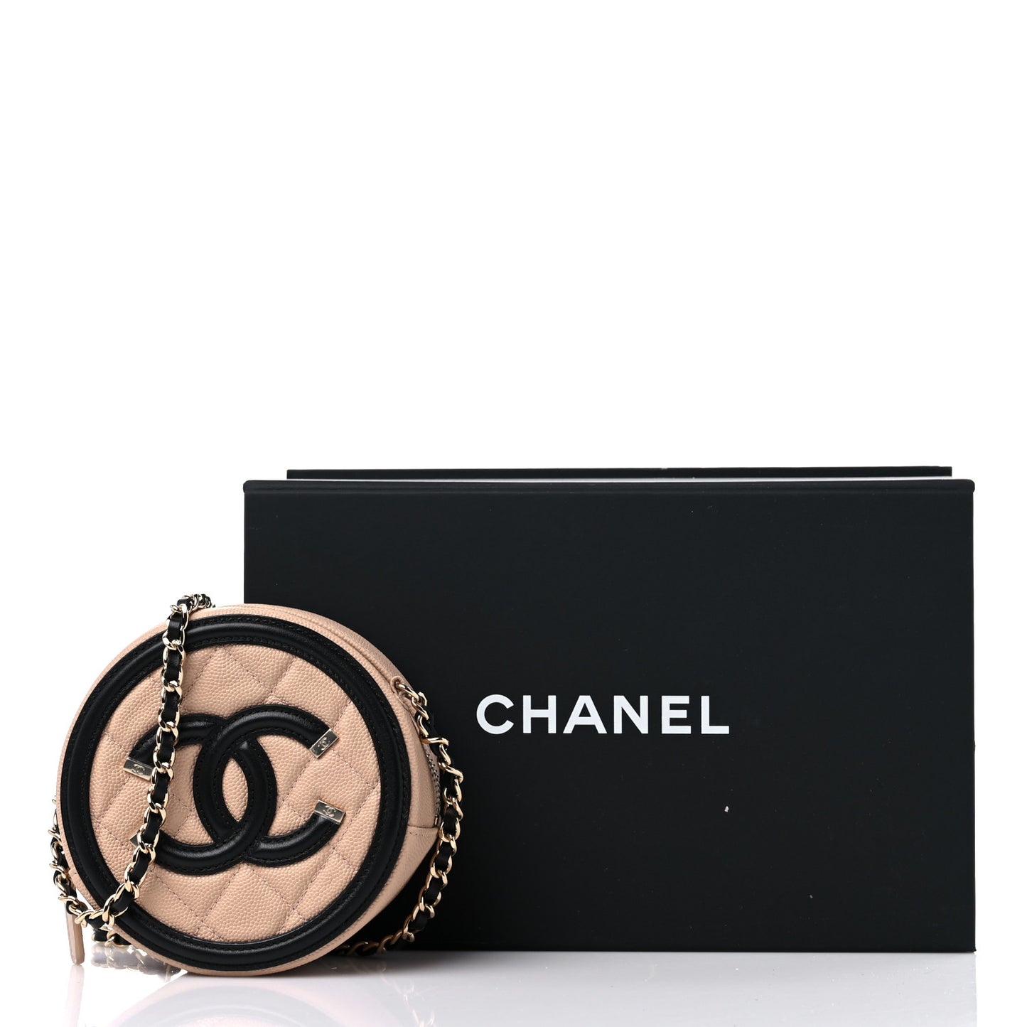 Caviar Quilted Round Filigree Crossbody Beige Black
