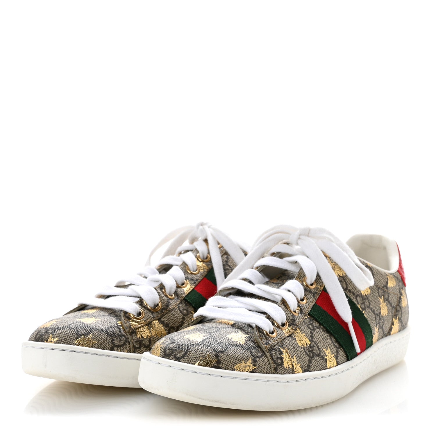 Gucci GG Supreme Monogram Bees Ayers Web Womens Ace Sneakers 38 Beige Oro Green Red 4 of 10