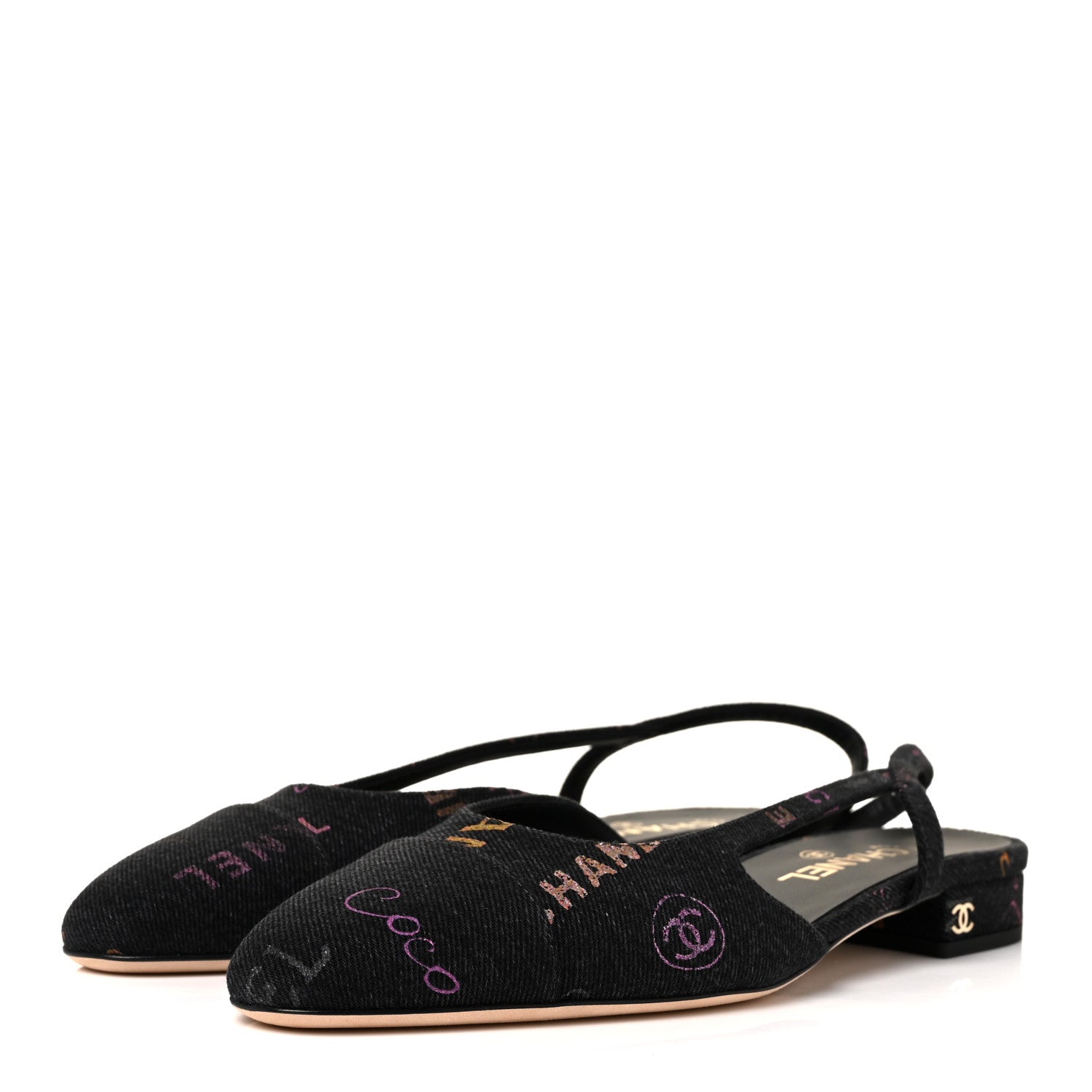 Chanel Denim Cap Toe Denim Mood Slingback Flats 39 Black Multicolor 3 of 8
