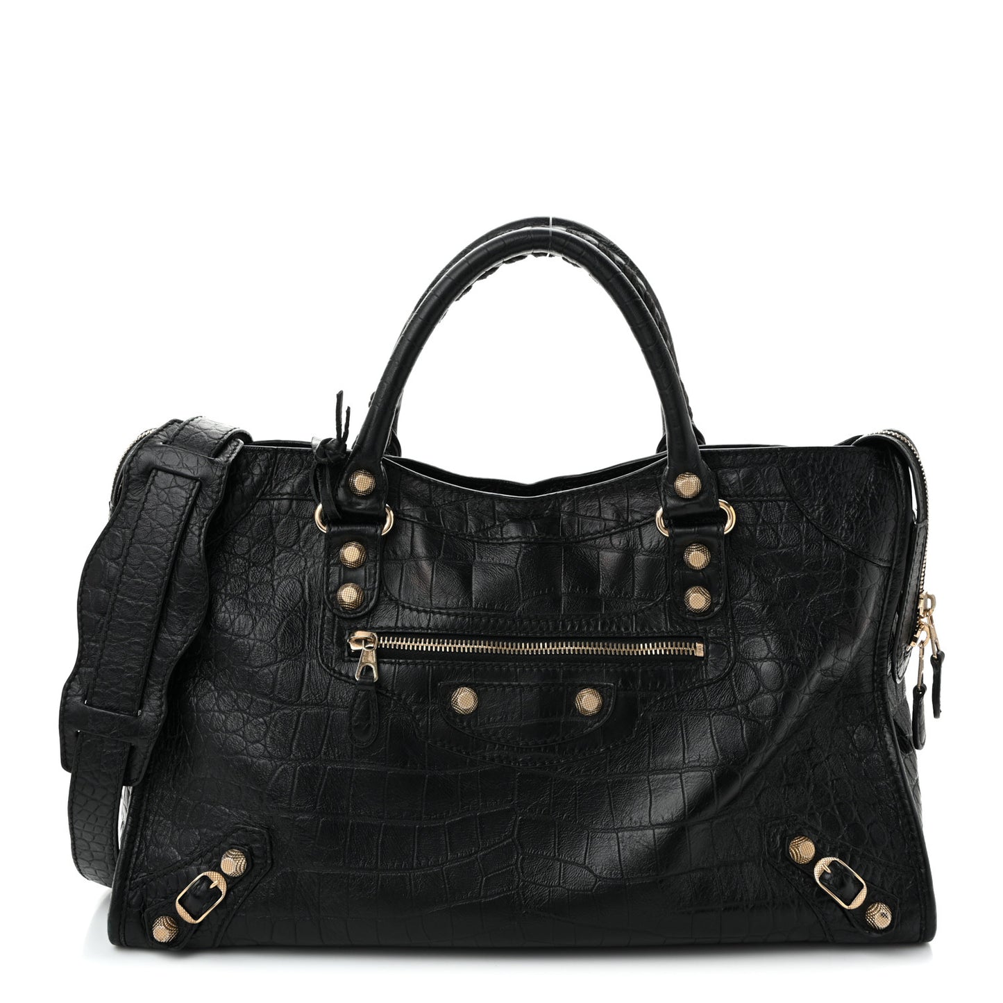 Calfskin Crocodile Embossed Giant 12 Gold Hardware City Black