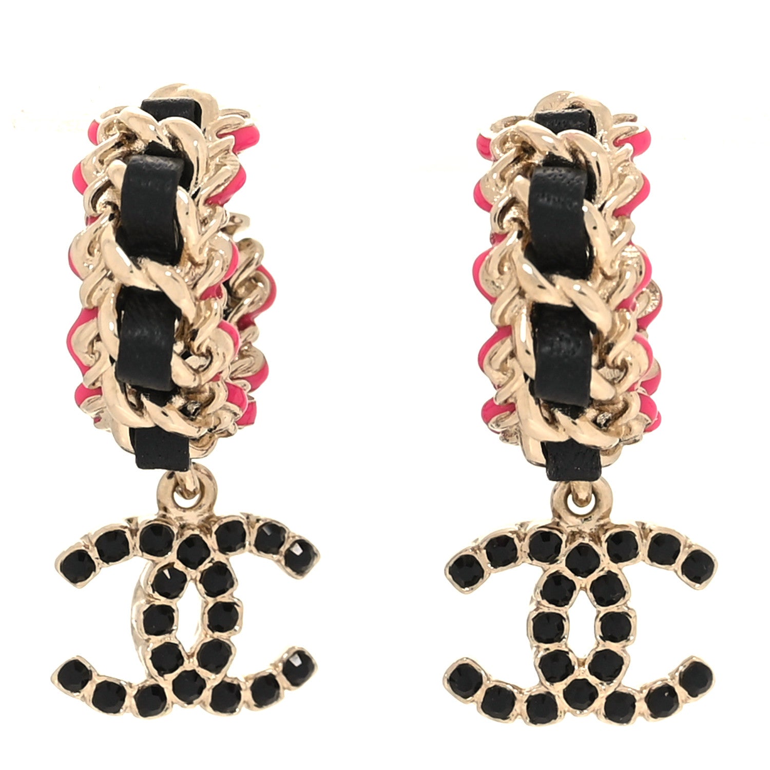 Chanel Lambskin Enamel Crystal CC Chain Hoop Drop Earrings Gold Black Pink 1 of 5