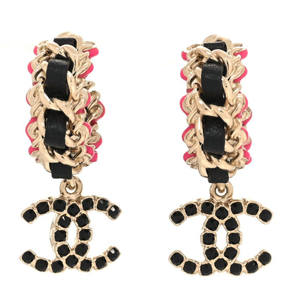 Chanel Lambskin Enamel Crystal CC Chain Hoop Drop Earrings Gold Black Pink 1 of 5