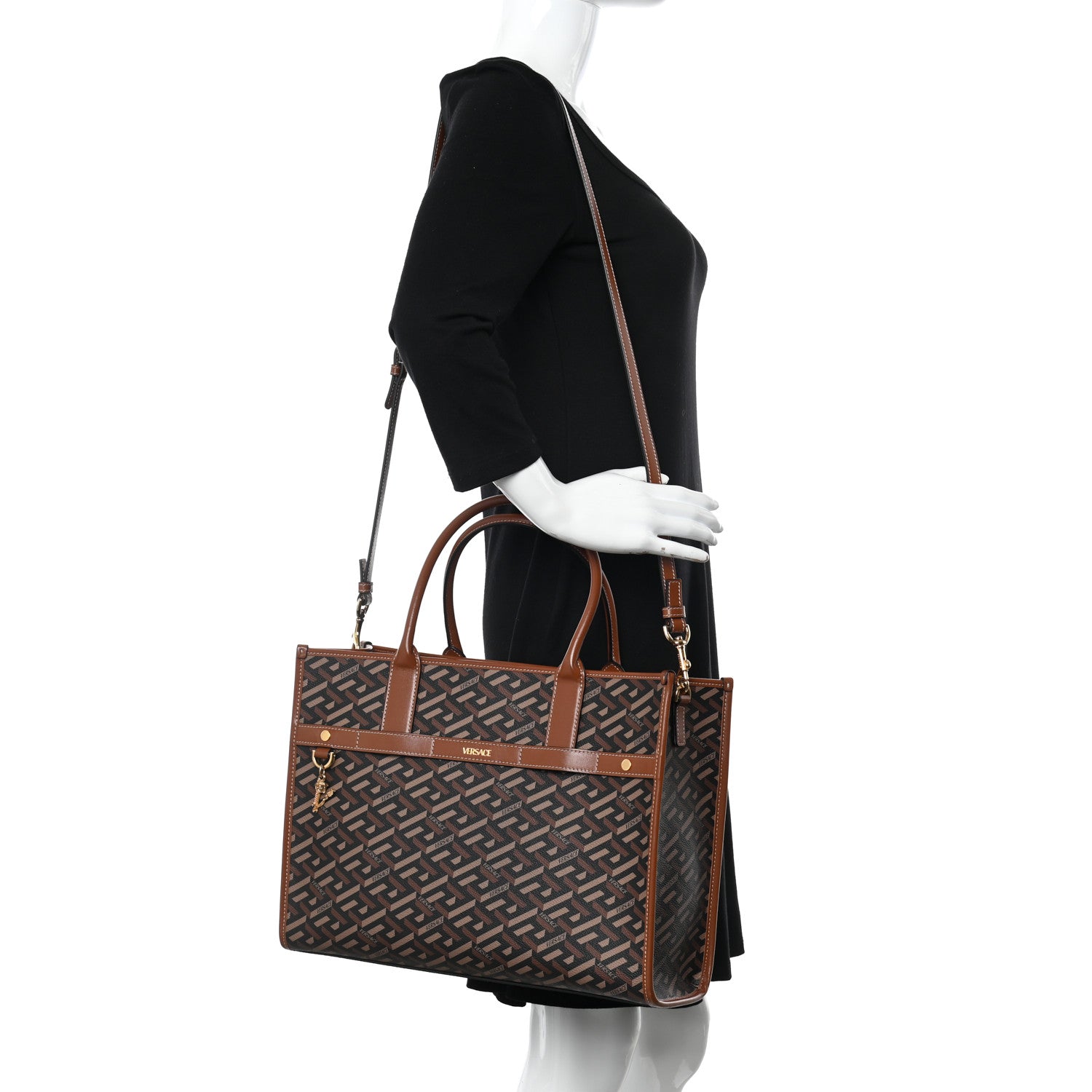 Versace Coated Canvas Calfskin La Greca Signature Tote Bag Black Caramel 2 of 10