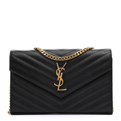 Saint Laurent Grain De Poudre Matelasse Chevron Monogram Chain Wallet Black 1 of 8