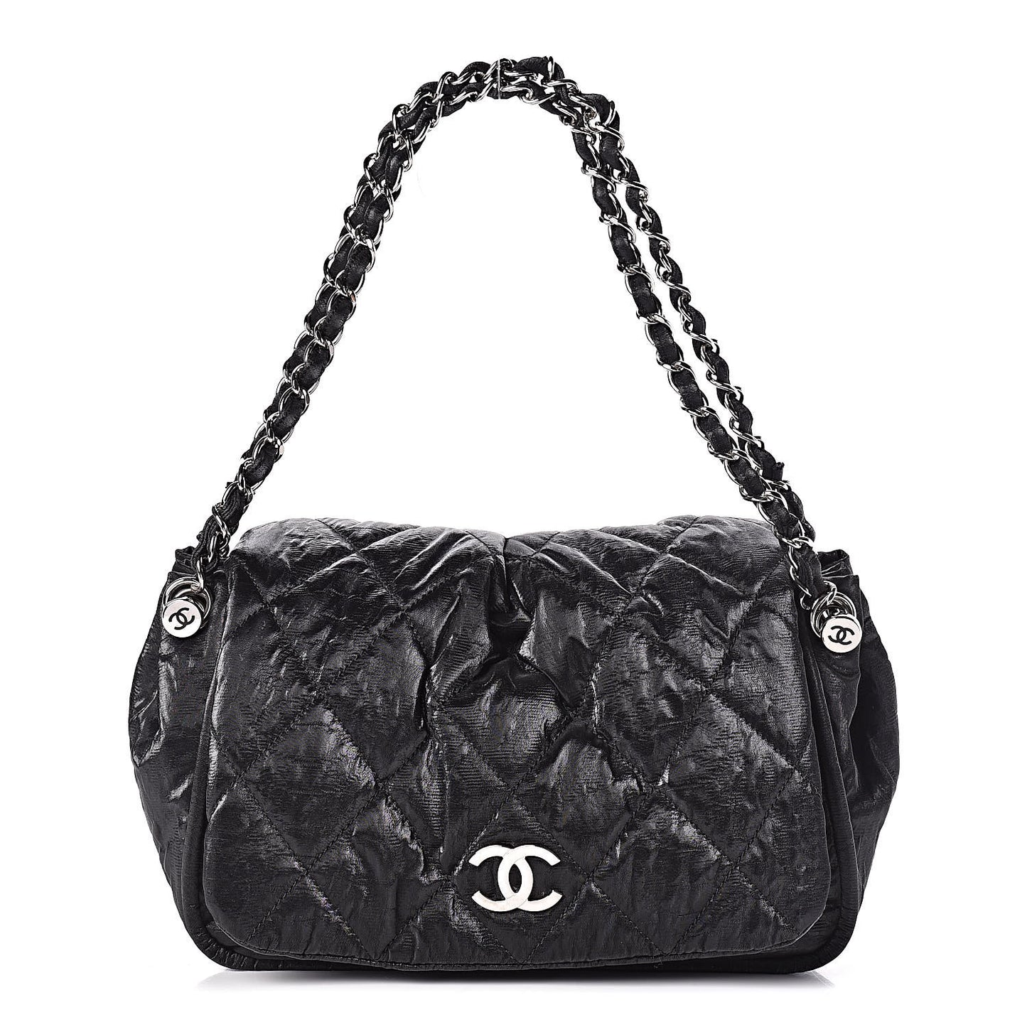 Crinkled Coated Canvas Quilted Flap Black