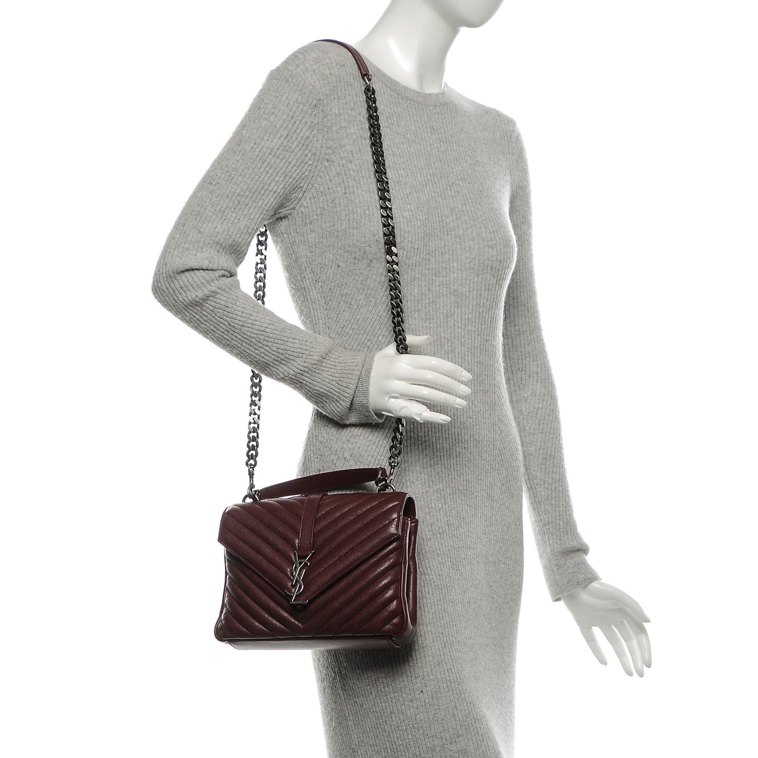 Saint Laurent Sheepskin Matelasse Chevron Monogram Medium College Bag Rouge Legion 2 of 6