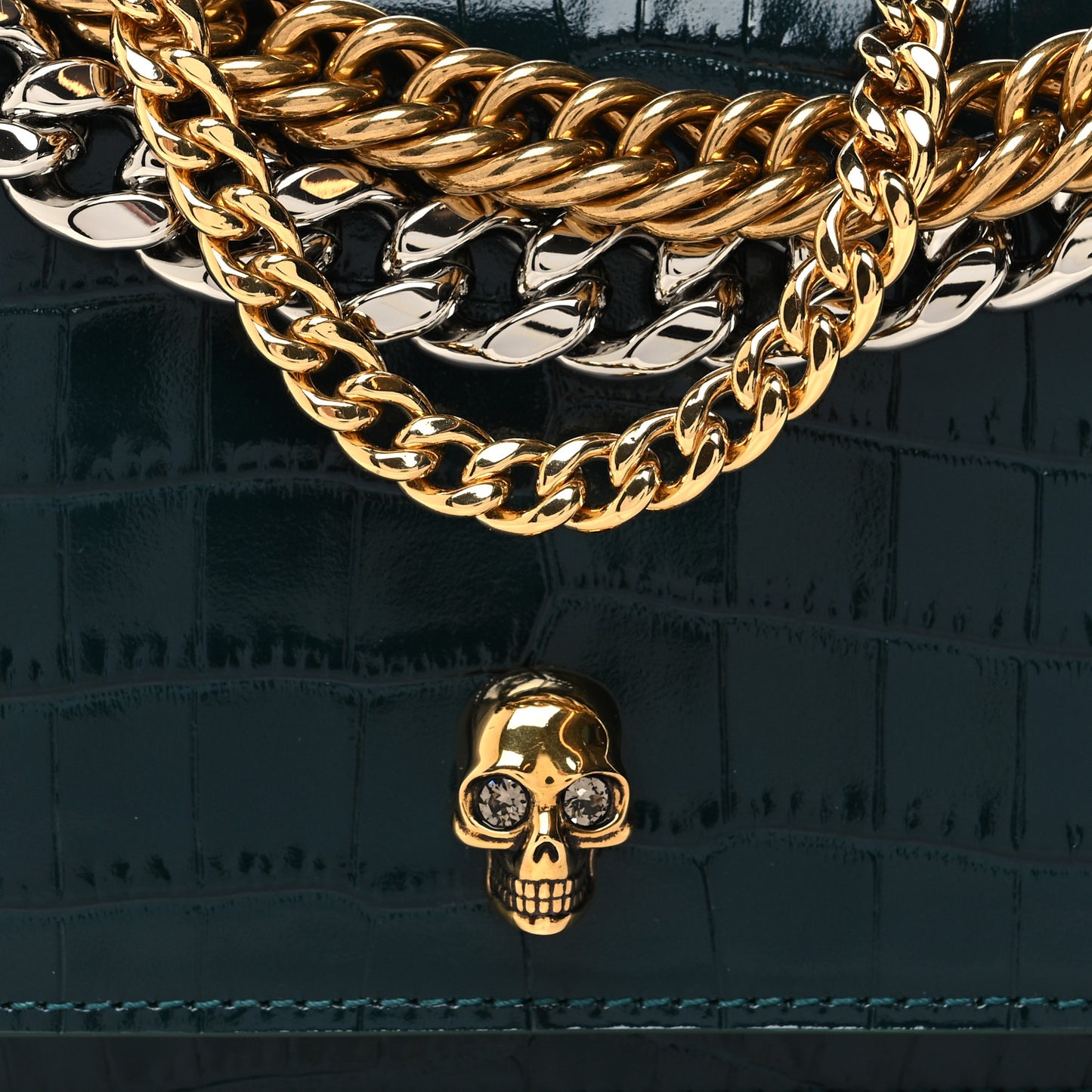Glazed Calfskin Crocodile Embossed Small Skull Shoulder Bag Green