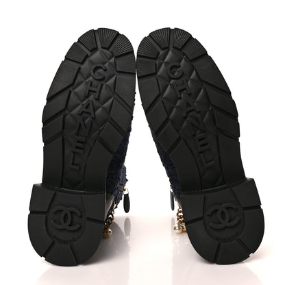 Chanel Tweed Calfskin Chain Lace Up Combat Boots 39 Navy Black 5 of 7