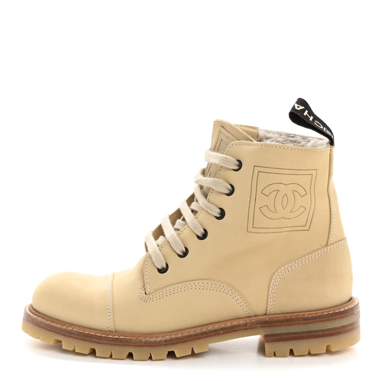 Chanel Calfskin Suede Quilted Lace Up Combat Boots 37 Light Beige 1 of 9