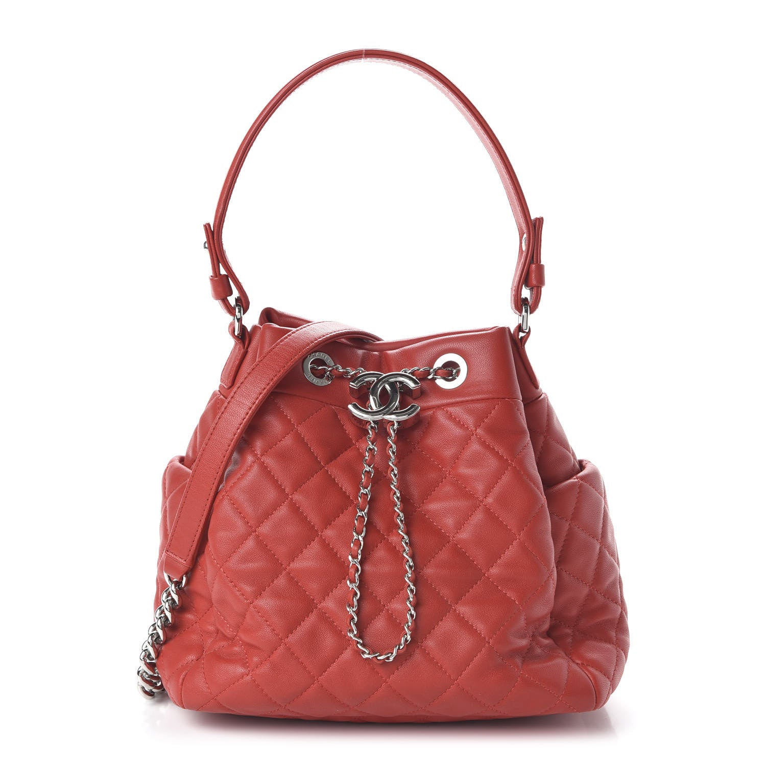 Chanel Lambskin Quilted Small CC Chain Drawstring Bucket Bag Red 1 of 10