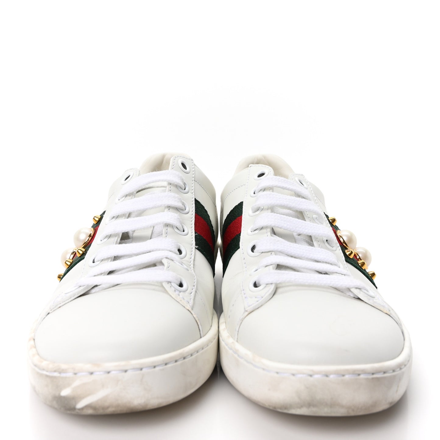 Calfskin Web Pearl Studded Womens Ace Sneakers 35.5 White