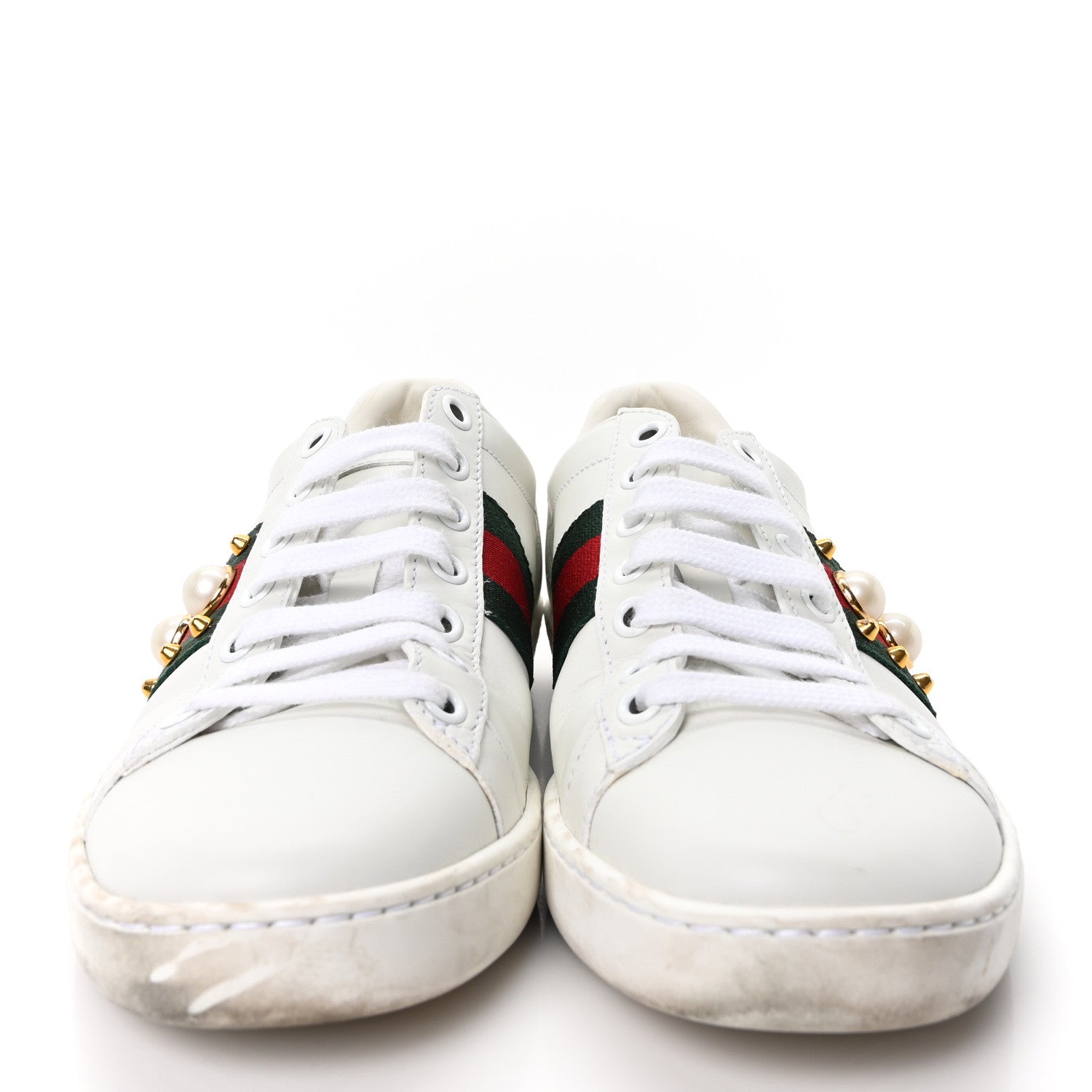 Gucci Calfskin Web Pearl Studded Womens Ace Sneakers 35.5 White 3 of 10