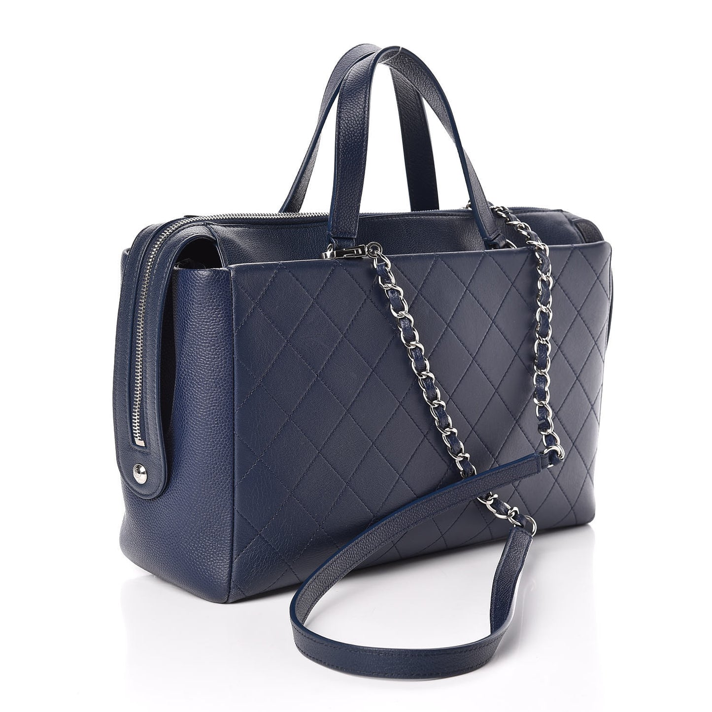 Grained Calfskin Stitched Large Magnetic Shopping Tote Blue