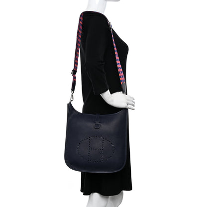 Hermes Taurillon Clemence Quadrille Evelyne III PM Bleu Nuit Bleu Saphir Anemone Capucine 2 of 11
