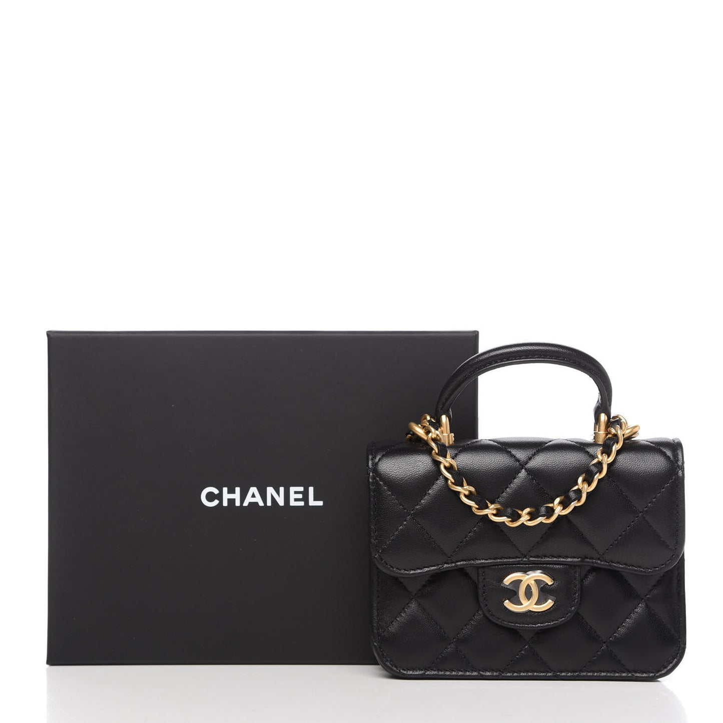 Lambskin Quilted Top Handle Flap Coin Purse With Chain Black