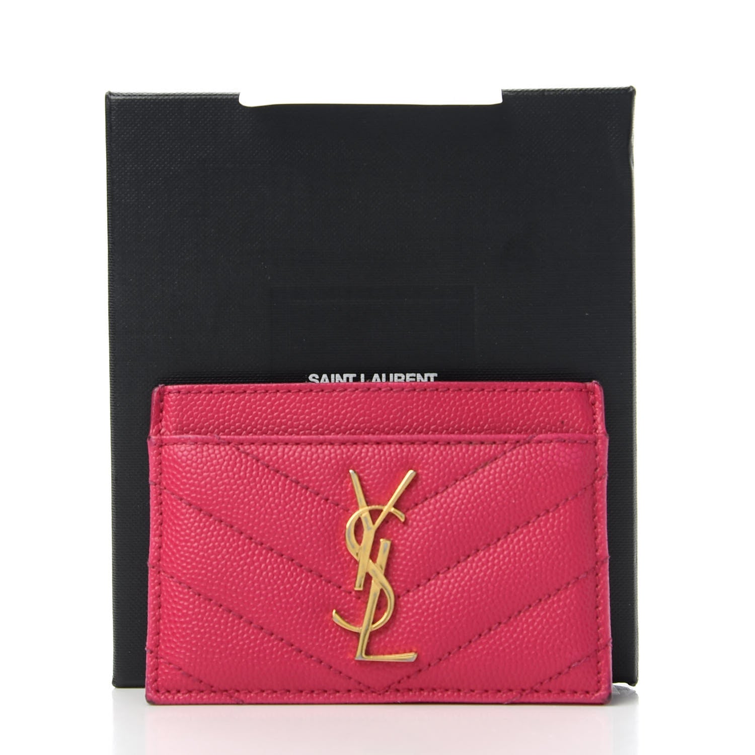 Saint Laurent Grain De Poudre Matelasse Chevron Monogram Credit Card Case Fresh Fuxia 9 of 9