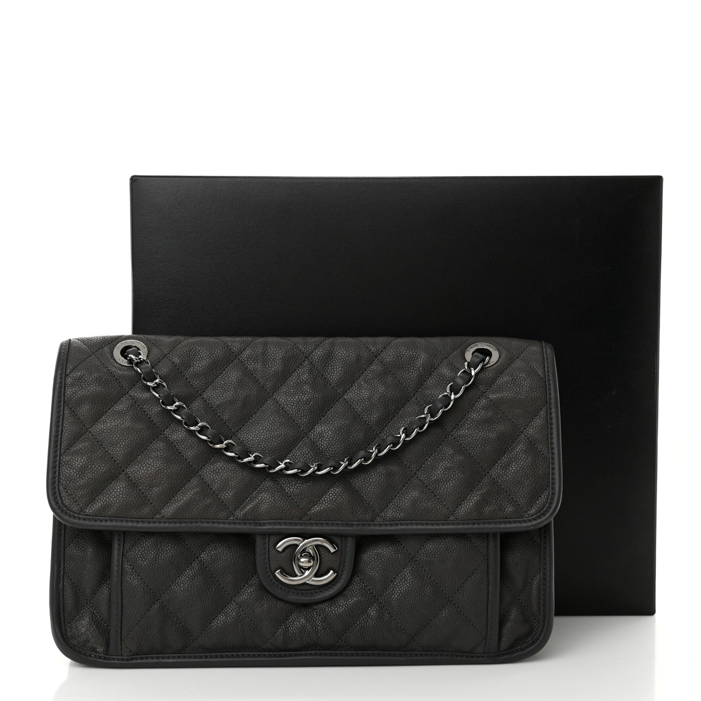 Caviar Quilted Large French Riviera Flap Dark Grey