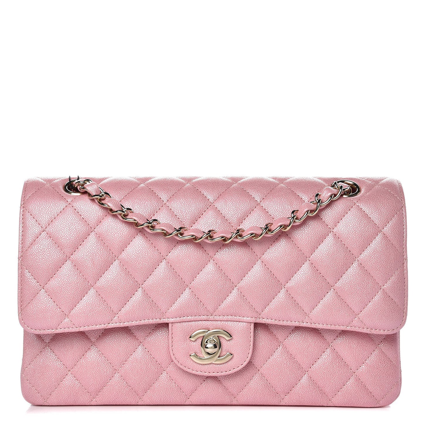 Iridescent Caviar Quilted Medium Double Flap Rose Pink