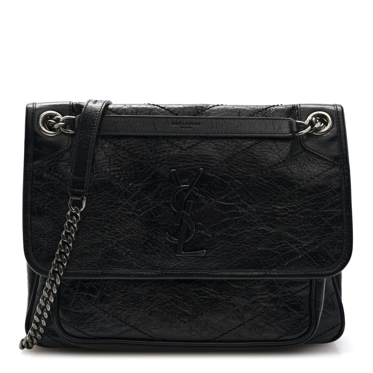 Crinkled Calfskin Matelasse Monogram Medium Niki Chain Satchel Black