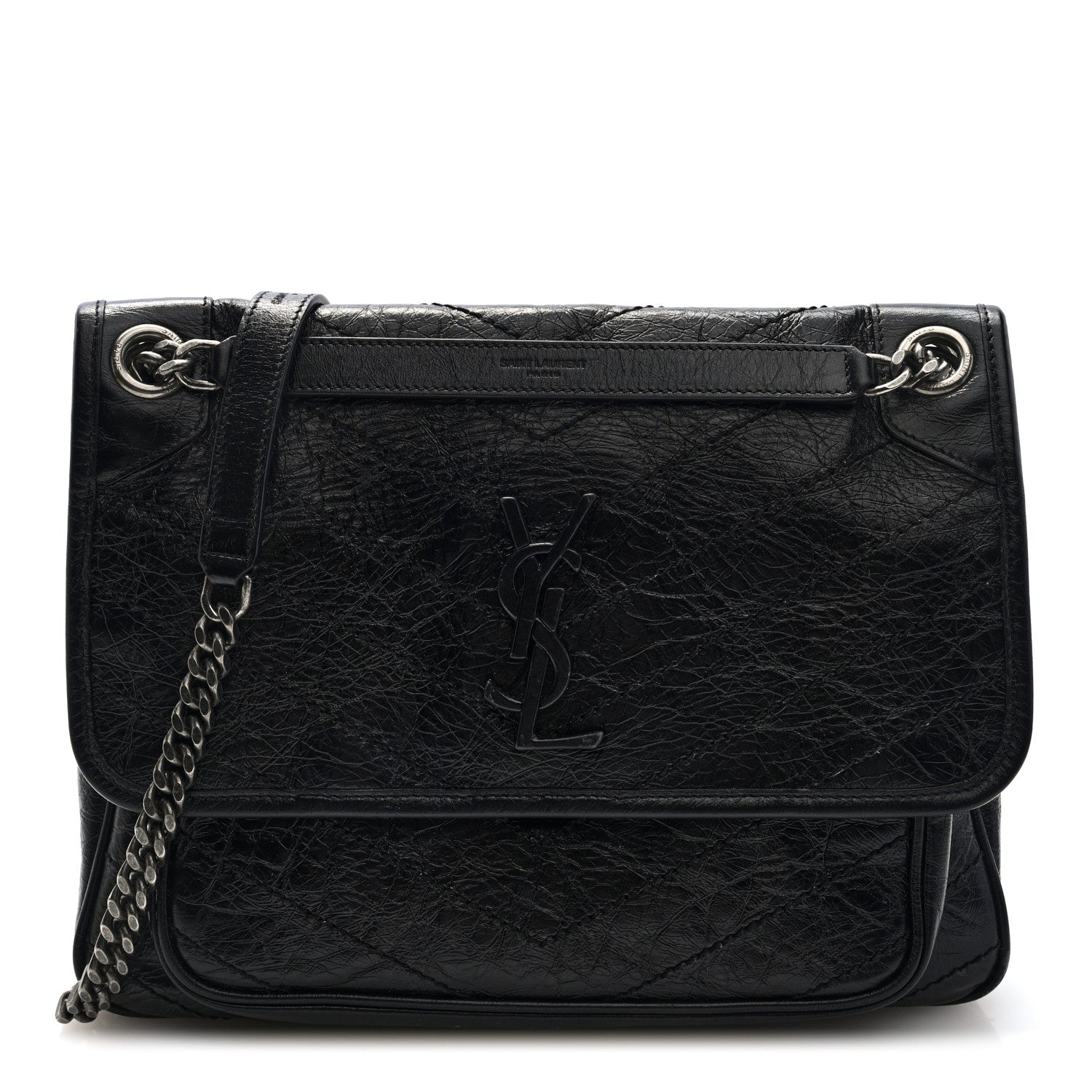 Saint Laurent Crinkled Calfskin Matelasse Monogram Medium Niki Chain Satchel Black 1 of 9