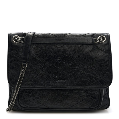 Saint Laurent Crinkled Calfskin Matelasse Monogram Medium Niki Chain Satchel Black 1 of 9