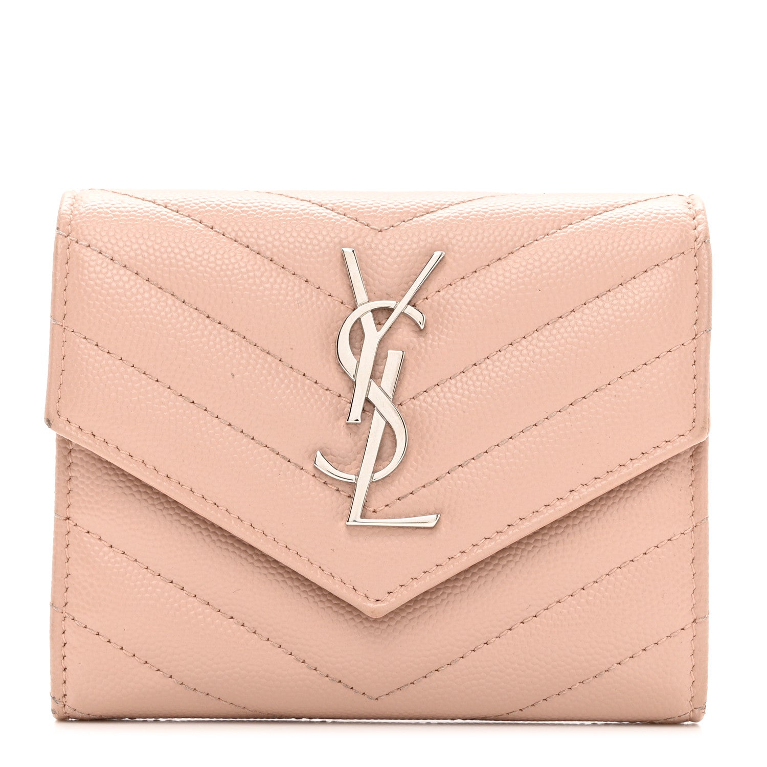 Saint Laurent Grain De Poudre Matelasse Chevron Monogram Compact Tri Fold Wallet Pale Pink 1 of 7