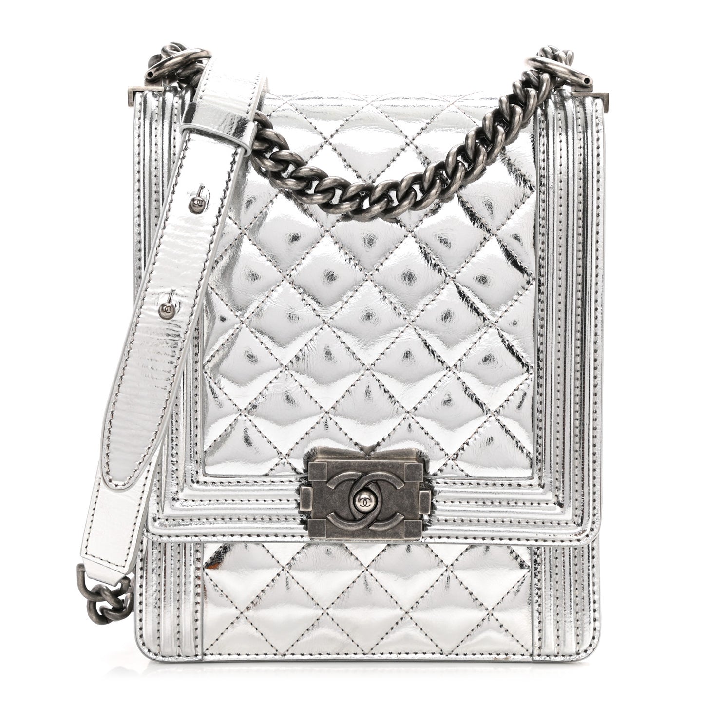 Metallic Goatskin Quilted North South Boy Flap Silver