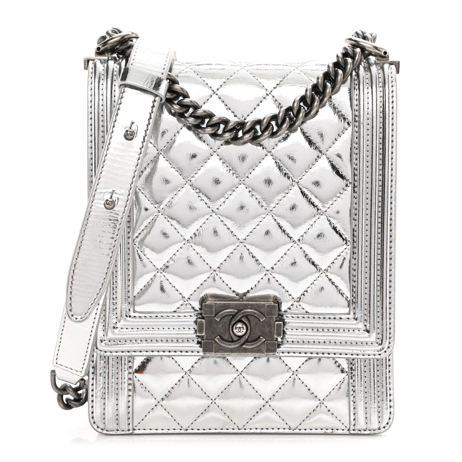 Chanel Metallic Goatskin Quilted North South Boy Flap Silver 1 of 17